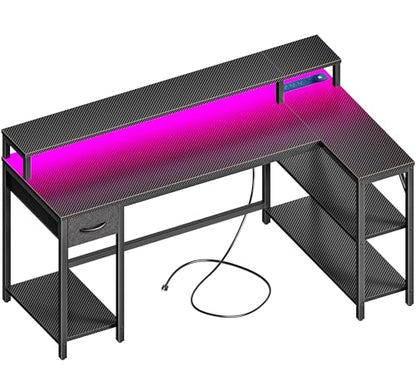 53 inch Reversible L Shaped Desk with LED Lights & Power Outlets, Computer Desk with Shelves & Monitor Stand, Gaming Desk with Drawer, Home Office Desk, Carbon Fiber Black