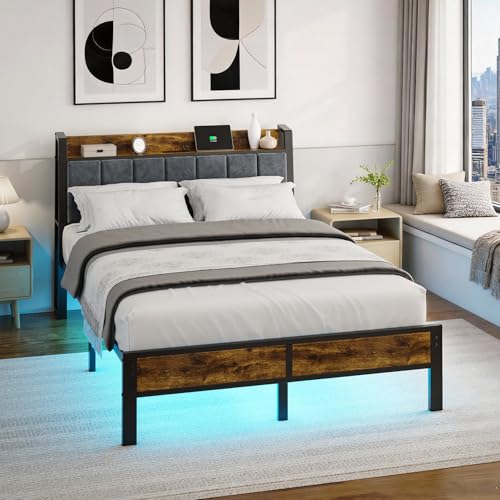 Full Size Bed Frame with Smart LED Light, Charging Station, view 5