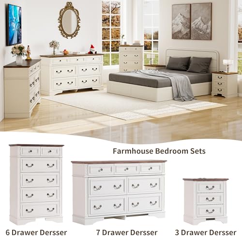 Farmhouse Dresser and Nightstand Sets, 6-Drawer with 7 Drawer Dresser & 3 Drawer Nightstand Sets, 4 Pieces Rustic Wood Bedroom Furniture Set for Home, Bedroom, Hallway(White)