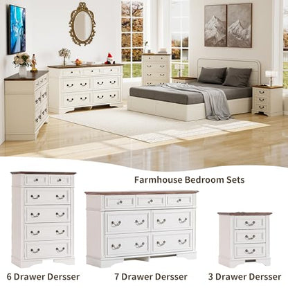 Farmhouse Dresser and Nightstand Sets, 6-Drawer with 7 Drawer Dresser & 3 Drawer Nightstand Sets, 4 Pieces Rustic Wood Bedroom Furniture Set for Home, Bedroom, Hallway(White)