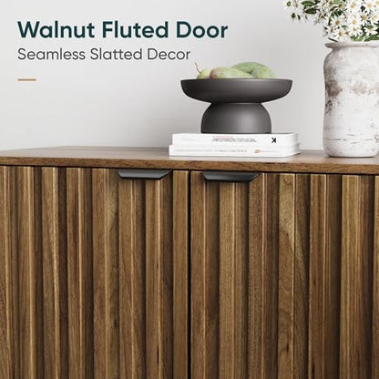 Walnut Buffet Cabinet with Storage, Sideboard Cabinet with Fluted Doors and Metal Legs, Storage Cabinet with Adjustable Shelf, Accent Table for Living Room, Dining Room, Kitchen, Entryway