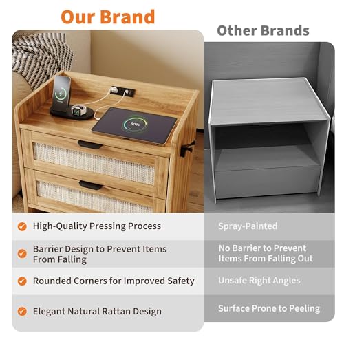 GAOMON Rattan Nightstand Set of 2, Modern Bedside Table with Type-c Charging, 2 Drawer Storage for Bedroom, Office & Living Room，Oak