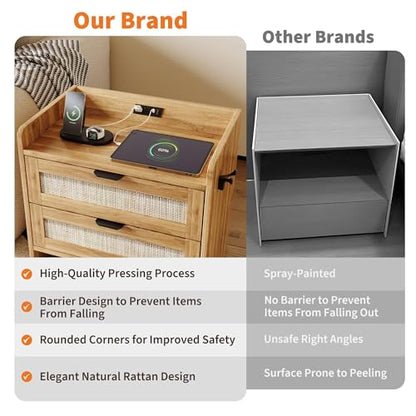GAOMON Rattan Nightstand Set of 2, Modern Bedside Table with Type-c Charging, 2 Drawer Storage for Bedroom, Office & Living Room，Oak