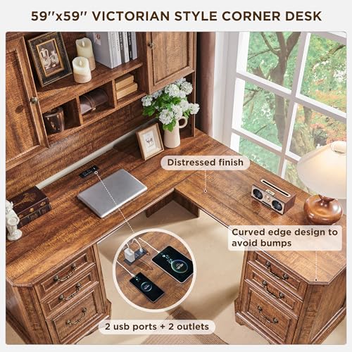 59" Executive L Shaped Desk with Hutch, Victorian Wood Computer Desk, view 4