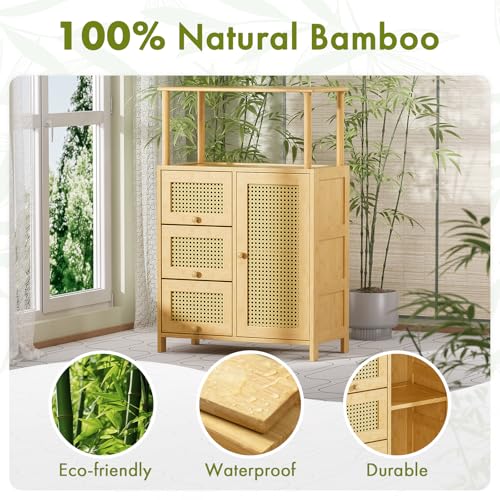 Sideboard Buffet Cabinet with Storage, Bamboo Storage Cabinets, Rattan Sideboard with Adjustable Shelf, Pantry Cupboard for Kitchen Living Room Entry Coffee Bar, Natural Color