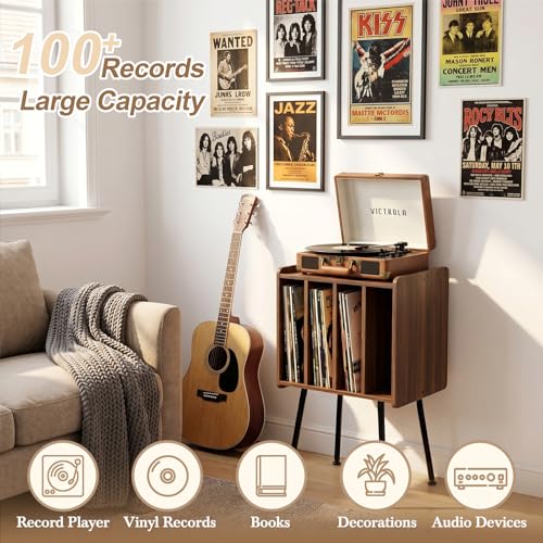 Record Player Stand with 4 Cabinets, Walnut, view 6