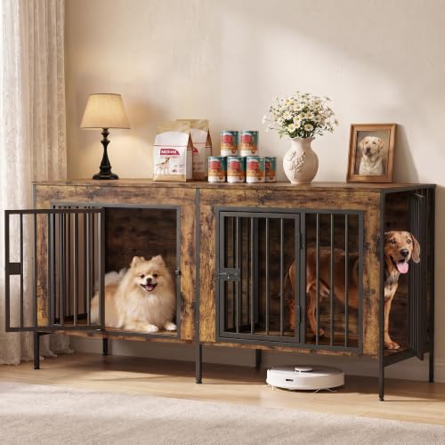 55" Wooden Double Dog Crate Furniture, Removable Divider, Brown, view 2