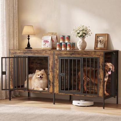 55" Wooden Double Dog Crate Furniture, Removable Divider, Brown, view 2