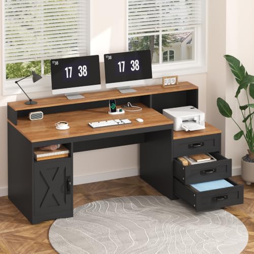 65" Farmhouse Computer Desk with Drawers and Printer Stand for Home Office, view 4