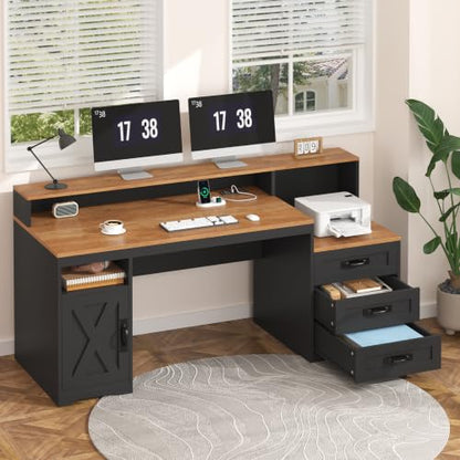 65" Farmhouse Computer Desk with Drawers and Printer Stand for Home Office, view 4
