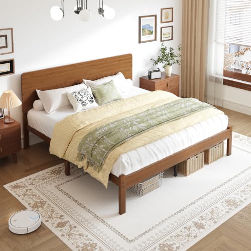 14" King Size Bamboo Wood Platform Bed Frame with Headboard, Brown, view 6