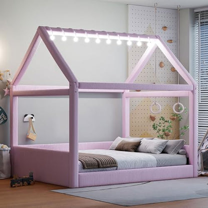 Upholstered Full Size House Daybed with LED Light Strips, Modern Kids Daybed for Bedroom, Guest Room (Pink)