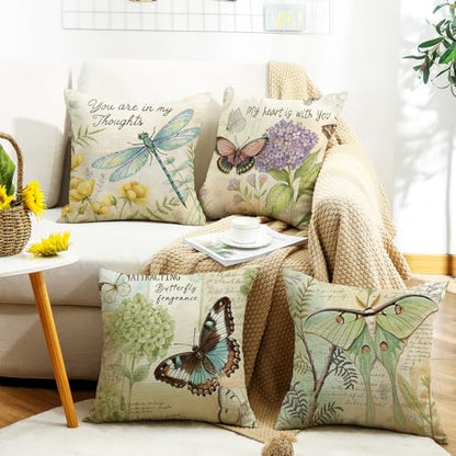 Throw Pillow Covers 16x16 Set of 4 Spring Summer Pillow Covers Linen Flower Butterfly Farmhouse Pillowcases for Sofa Couch Living Room Outdoor