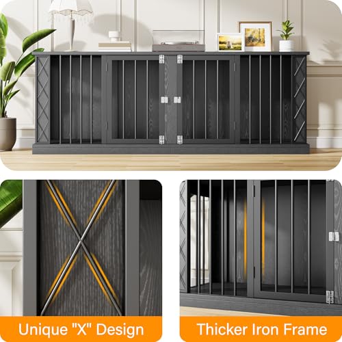 86.6" Wooden Double Dog Crate Furniture for 2 Large Dogs, Black, view 8