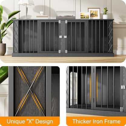 86.6" Wooden Double Dog Crate Furniture for 2 Large Dogs, Black, view 8