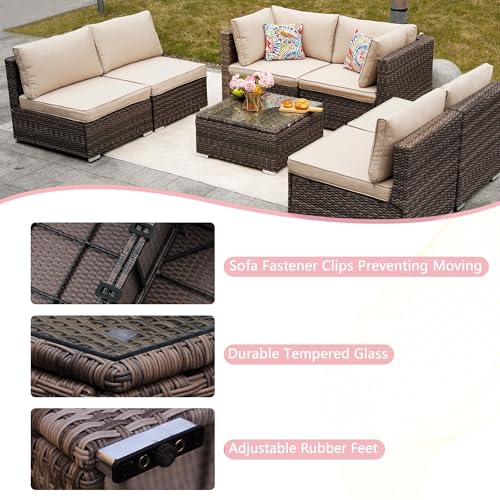 7-Piece Outdoor Patio Furniture Set - PE Wicker Sectional Sofa Set,with (Beige) Cushions and Glass-Top Coffee Table, Perfect for Gardens, Poolside, Backyard, Beige/Brown