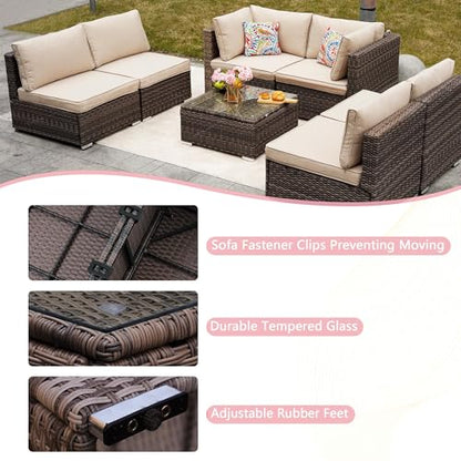 7-Piece Outdoor Patio Furniture Set - PE Wicker Sectional Sofa Set,with (Beige) Cushions and Glass-Top Coffee Table, Perfect for Gardens, Poolside, Backyard, Beige/Brown