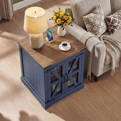 Farmhouse End Table, 24" Large End Tables with Storage, Rustic Square Sofa Beside Table with Glass Barn Door, Wood Side Table Square Nightstand for Living Room, Bedroom, Office (Misty Blue)
