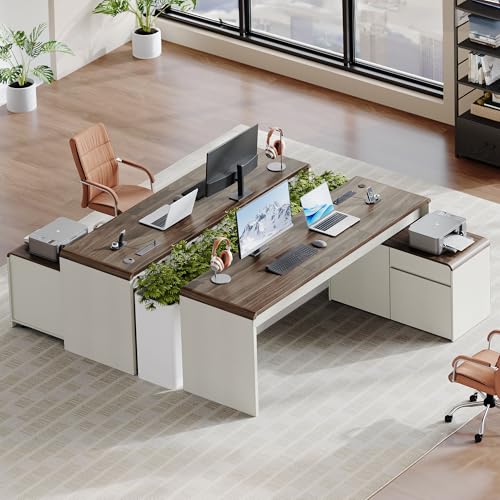 78.7 Inch Large L Shaped Desk with Drawers, White & Walnut, 2 Pack, view 2