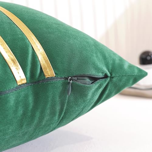 Gyulin Pack of 2,18x18 Inch Velvet Boho Throw Pillow Covers with Gold Leather Striped Stitching Modern Minimalist Square Pillowcase Cushion Covers for Bedroom Sofa Couch Living Room, White
