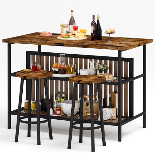 Kitchen Island with Seating & Storage, Farmhouse Dining Table Set for 2, Space-Saving 3 Piece Dining Set Table & Chairs Island Table for Kitchen, Apartment, Dining Room, Rustic Brown
