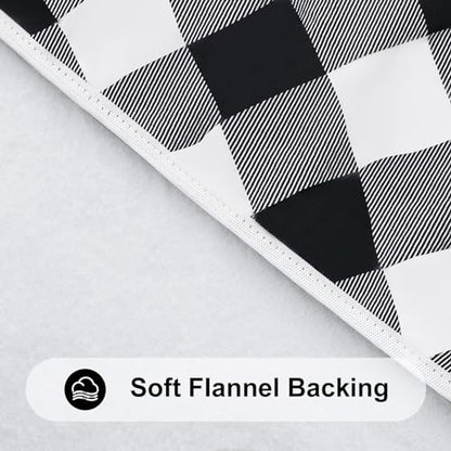 Round Picnic Tablecloth, Elastic Waterproof Fitted Vinyl Tablecloths for 45"-56" Tables, Flannel Backed Buffalo Plaid Table Cover for Dining, Camping, Outdoor, Black and White