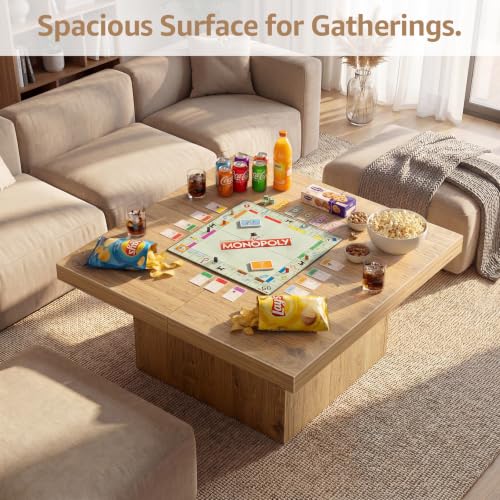 Light Walnut 35.5 Inch Square Coffee Table, Modern Organic Farmhouse Coffee Table for Living Room, Engineered Wood with Eco-Friendly Laminate Veneer Center Table, Block Base