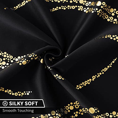 Blackout Curtains 84 inch Length Living Room Thermal Insulated Gold Wave Line Dots Pattern Curtains Room Darkening Grommet Curtains for Bedroom, Black, W62 x L84-inch, 2 Panels
