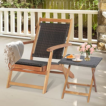Patio Lounge Chair and Side Table Set, Acacia Wood Wicker Folding Table and Armrest Chair with Retractable Ottoman, Outdoor Chaise Lounger for Garden, Backyard, Poolside, Balcony