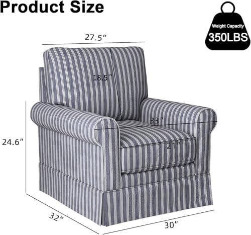 Swivel Accent Chair Linen Mid Century Modern Chair, Comfy Swivel Barrel Reading Chair, Upholstered Square Chair for Living Room Bedroom Small Spaces, Fully Assembled, Blue Stripe