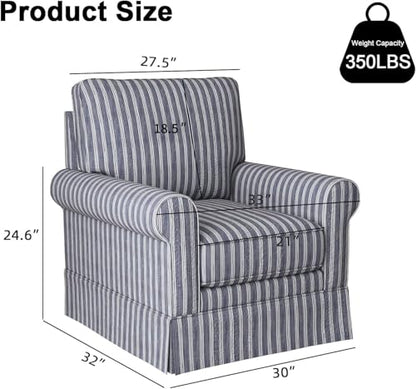 Swivel Accent Chair Linen Mid Century Modern Chair, Comfy Swivel Barrel Reading Chair, Upholstered Square Chair for Living Room Bedroom Small Spaces, Fully Assembled, Blue Stripe