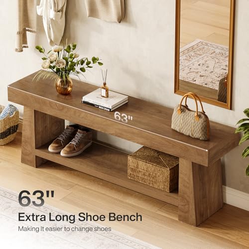 Tribesigns Wooden Entryway Bench with Shoe Storage, 63" Long 2-Tier Farmhouse Indoor Seating Bench with Open Shelves for Hallway, Foyer, End of Bed Stool for Bedroom, Brown