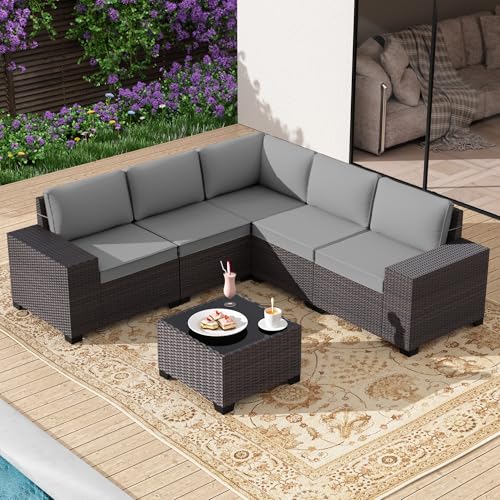 6 Pieces Patio Furniture Set with 1 Coffee Table, 5 Seater Rattan Outdoor Sectional with Wide Armrests 29.5'' High Backrest Thick Waterproof Cushions, Conversation Sets for Deck Garden Gray