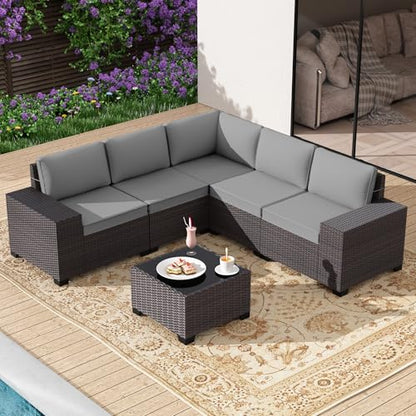 6 Pieces Patio Furniture Set with 1 Coffee Table, 5 Seater Rattan Outdoor Sectional with Wide Armrests 29.5'' High Backrest Thick Waterproof Cushions, Conversation Sets for Deck Garden Gray
