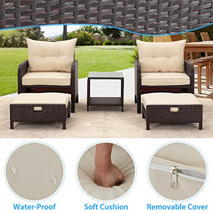 5 Pieces Patio Furniture Set, Outdoor Rattan Chairs with Tempered Glass Coffee Table, Ottomans & Soft Cushions, Wicker Conversation Bistro Set for Garden, Deck, Balcony, Poolside(Khaki)