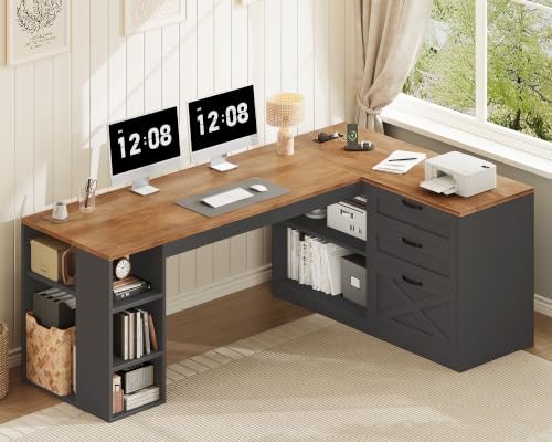 Farmhouse L Shaped Computer Desk with Drawers, Power Outlet for Home Office, view 2