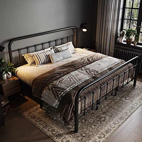King Metal Bed Frame with Victorian Iron-Art Headboard, Black, view 4