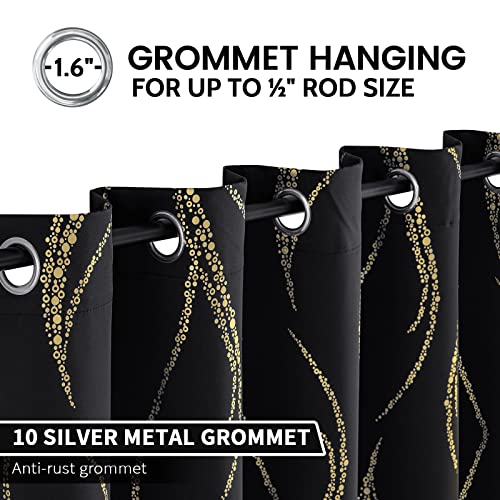 Blackout Curtains 84 inch Length Living Room Thermal Insulated Gold Wave Line Dots Pattern Curtains Room Darkening Grommet Curtains for Bedroom, Black, W62 x L84-inch, 2 Panels