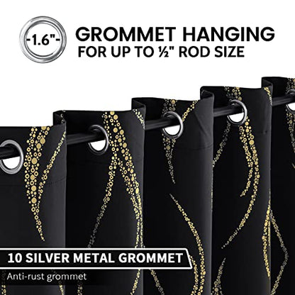 Blackout Curtains 84 inch Length Living Room Thermal Insulated Gold Wave Line Dots Pattern Curtains Room Darkening Grommet Curtains for Bedroom, Black, W62 x L84-inch, 2 Panels