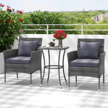 3-Piece Patio Furniture Set, PE Wicker Conversation Bistro Set w/A Tempered Glass Table & 2 Cushioned Chairs, Outdoor Table & Chairs Set for Patio Porch Yard Garden (Mix Gray+Grey)