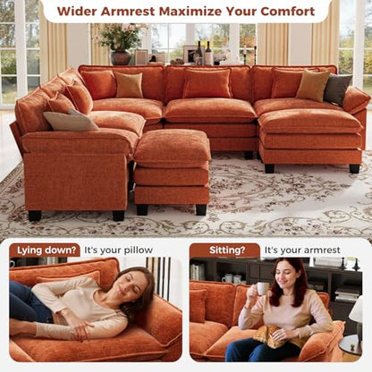 117" Oversized Modular Sectional Sofa with Corner, Comfy V-Shaped Cloud Couch w/ 2 Ottomans, 7-Seater Chenille Deep Seat Modern Sofa Couch for Living Room, DIY Combination, Terracotta Orange