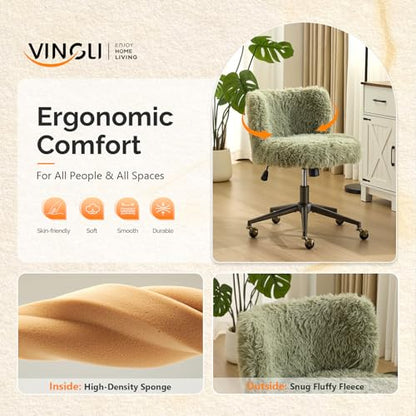 Plush Upholstery Vanity Desk Chair with Curved Back & 90-102° Tilt &Adjustable Height, Cute Rolling Chair with Bronze Base & Golden-Bronze 360° Swivel Wheels for Makeup &Home Office,Grass Green