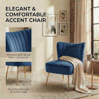 Modern Accent Chair Set of 2 Velvet Slipper Chair with Gold Legs Wingback Side Chair for Living Room Bedroom Entryway Small Corner Chair for Space Saving, Blue
