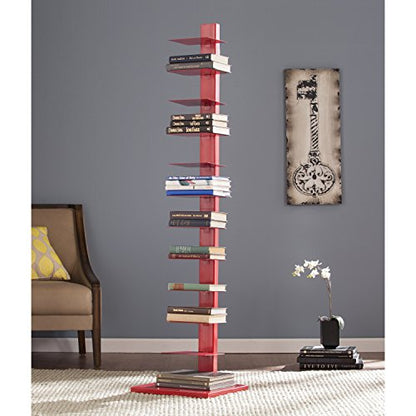Stewartby Spine Tower Bookcase - Modern - Metal - 12 Shelves - Red - Adjustable - Space-Saving - Ideal for Home Office, Living Room, Dining Room, Bedroom (HZ9492)