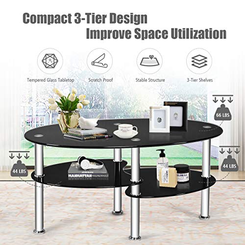 Glass Coffee Table, 3-Tier Modern Oval Smooth Glass Tea Table Center Table End Table with Open Storage Shelf,Sturdy Steel Legs for Living Room,Home,Office,Cocktail Tea Table (Black)