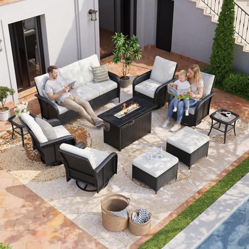 10-Piece Patio Furniture Set with 44'' Fire Pit Table, Luxury Outdoor Patio Furniture Set with 360° Swivel Chairs, Patio Conversation Set for Backyard, Poolside & Garden, Black/Beige