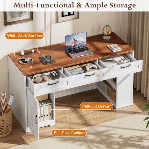 55'' Farmhouse Computer Desk with Drawers for Home Office, Walnut White, view 4