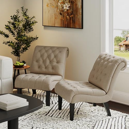 Living Room Chair Modern Accent Chair, Upholstered Tufted Armless Bedroom Chair Sofa Backrest Fabric Recliner Lounge Chair Wood Legs-Khaki