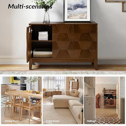Modern Kitchen Buffet Cabinet Storage Sideboard with 3D Geometric Design, Freestanding Floor Cabinet with 3 Doors & 2 Adjustable Interior Shelves for Living Room Dining Room Hallway,Walnut