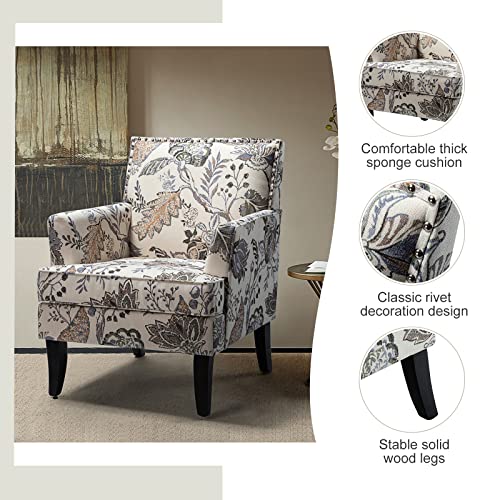 Modern Accent Chair, Printed Armchair, Orange Grey | Solid Wood Legs & Padded Cushion, Classic Rivet Decoration Design, Upholstered Floral Arm Chair for Living Room Bedroom